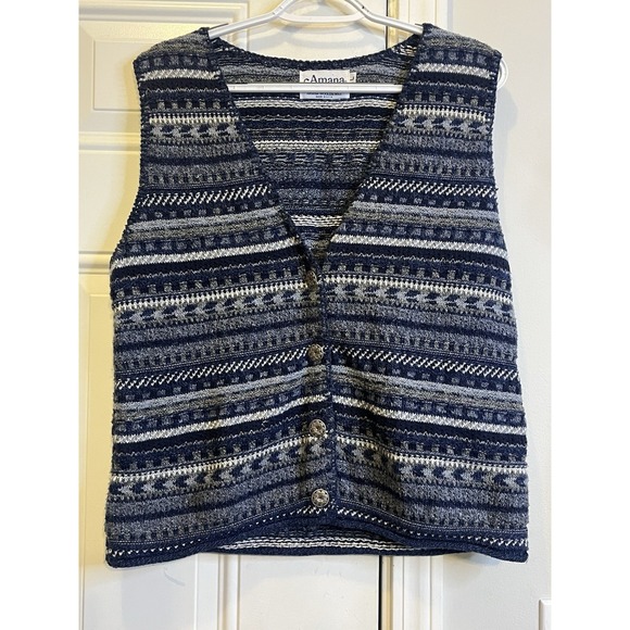 Amana Woolen Mill Jackets & Blazers - VTG Amana Woolen Mill Knit Fair Isle Vest Women's Large Blue Ornate Buttons